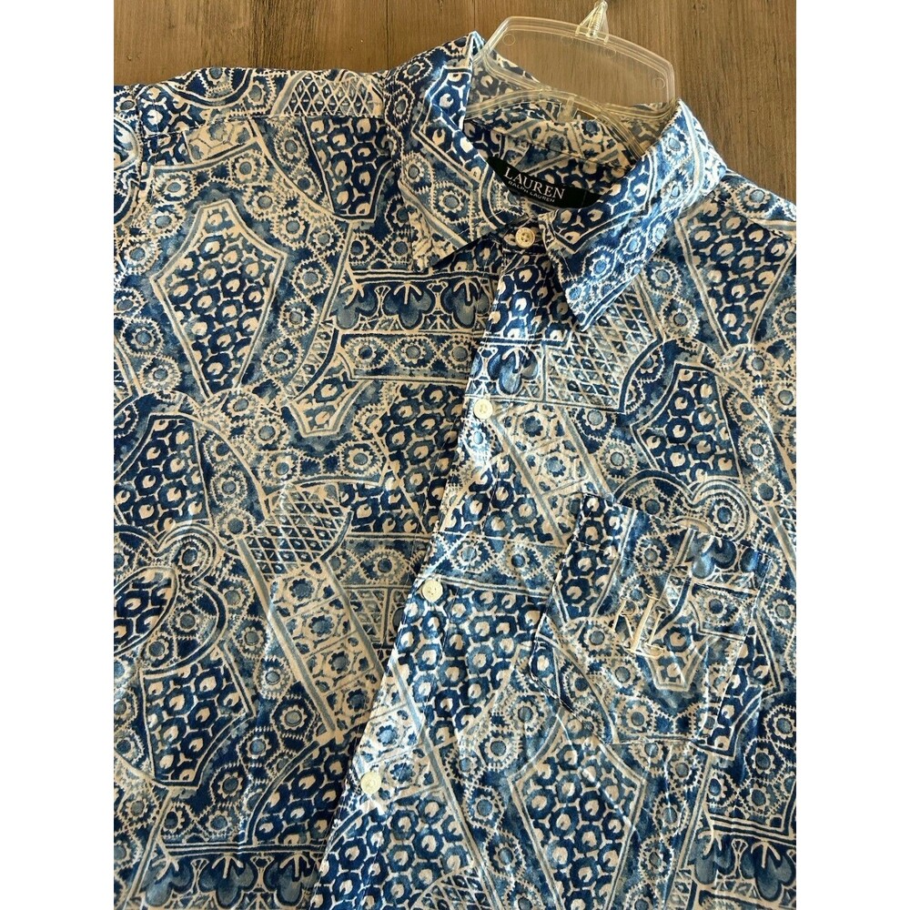 Ralph Lauren Button Shirt Womens M Blue Regular Fit 3/4 Sleeve Cotton Viscose